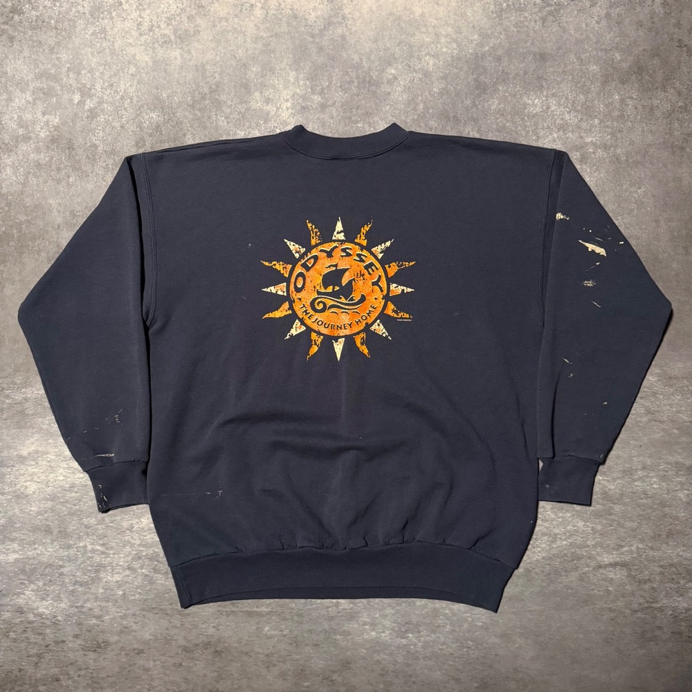 VTG 90s Hanes Odyssey Journey Home Greece Crewneck L Navy Thrashed Paint Stained